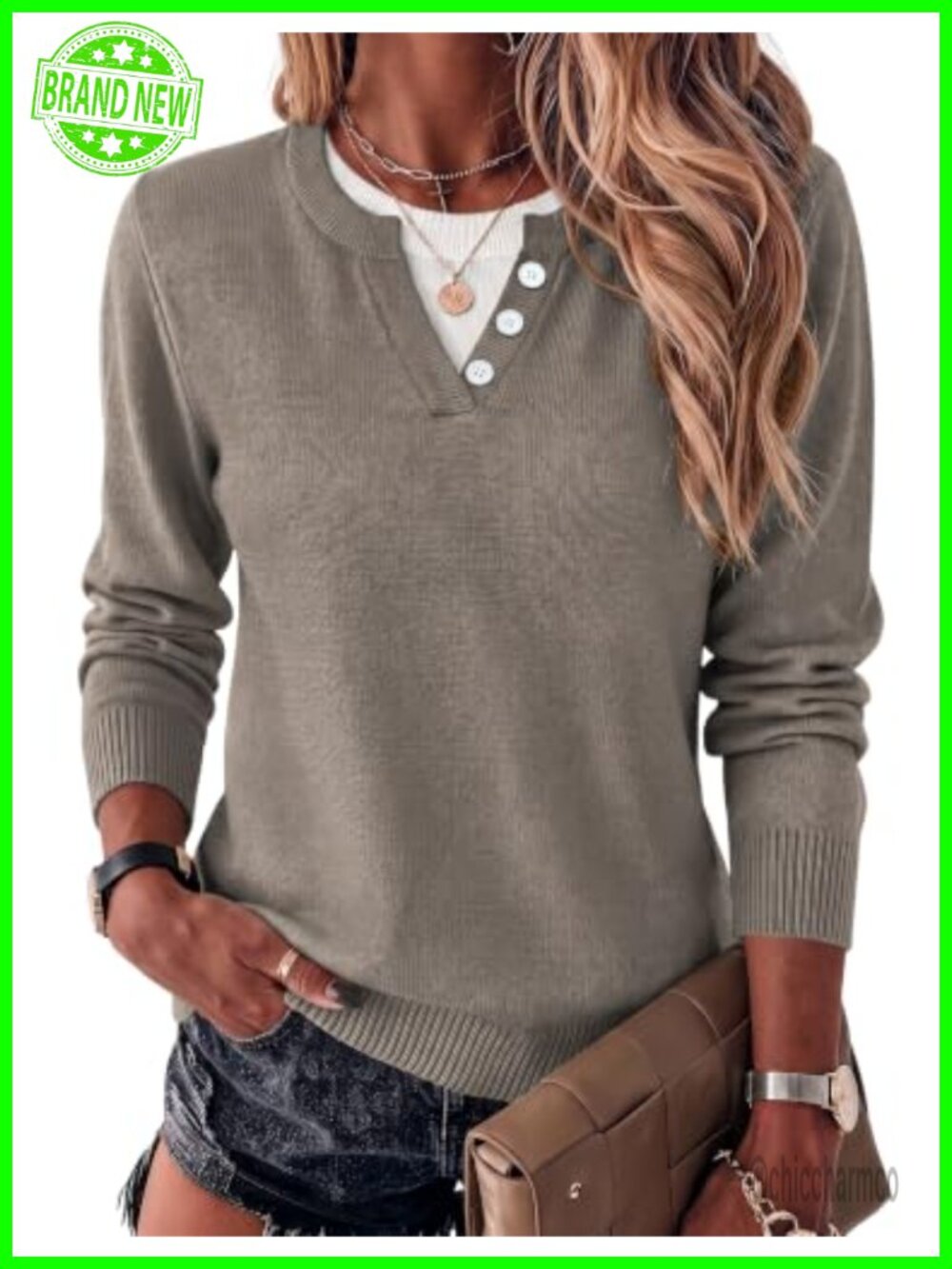 Lightweight Knit Pullover Sweater Faux Layer Contrast Collar Button Accents